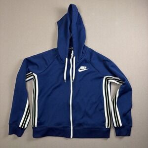Nike Hoodie Womens Medium Blue Full Zip Stripe Sleeve Track Jacket Swoosh Logo